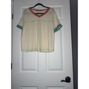 Hailey And Co Contrast Exposed Trim V Neck Tee Shirt Large Cream Green  Orange